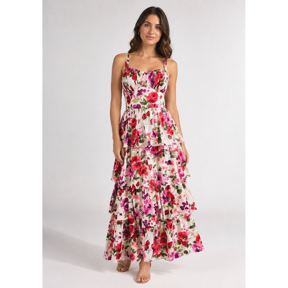 Abercrombie Fitch Floral Tiered Maxi Dress Sz S strawberry Pink Guest Tea Garden